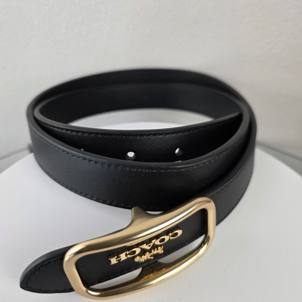 Coach Morgan Rectangle Black Leather Buckle Belt Medium M Gold Horse Carriage - Picture 6 of 7